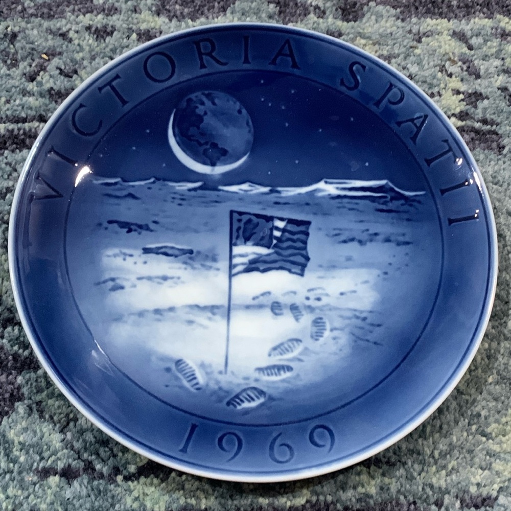 Royal Copenhagen 1969 moon landing scene blue and white plate